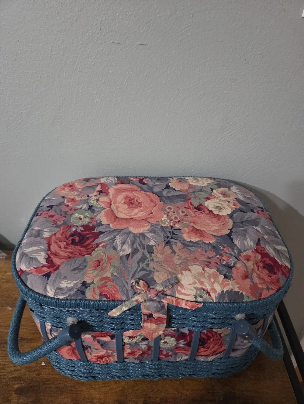 Floral Blue Woven Sewing Basket with Rose Print Lid